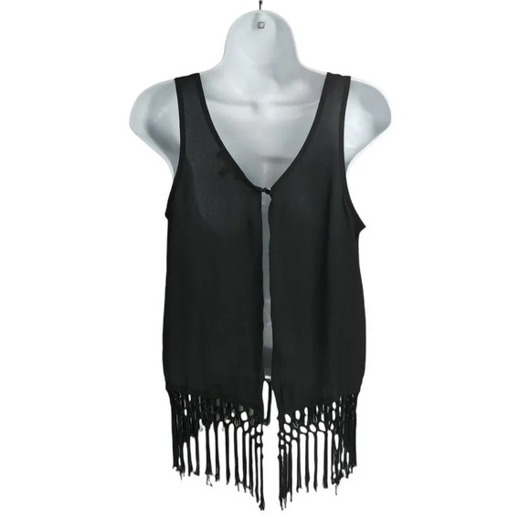 Monteau Swing Back Closure Fringe Semi-Sheer Crocheted Lace Black Top  Blouse S - Picture 5 of 8